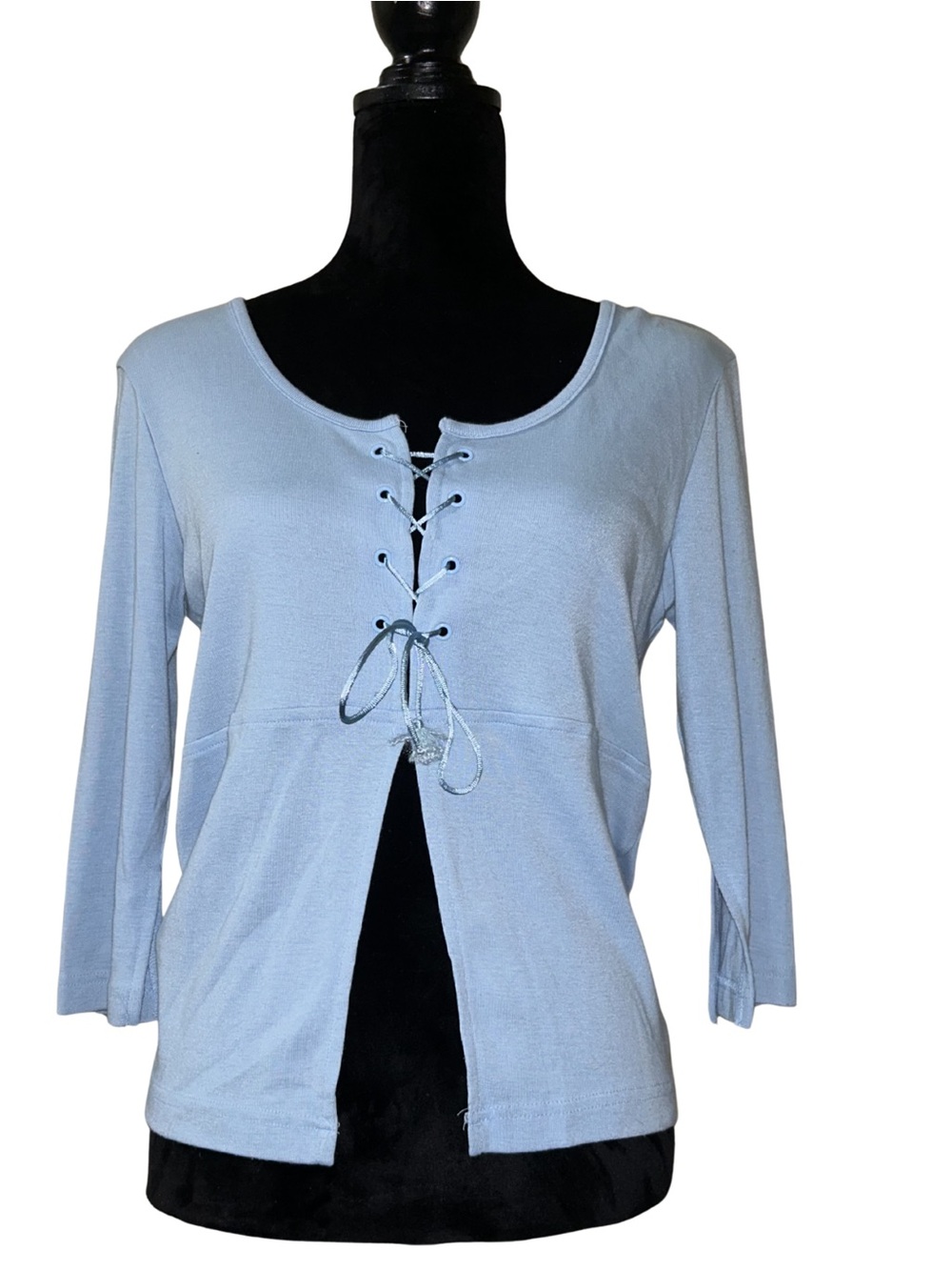 Vintage Women's Light Blue Lace-Up Long Sleeve Top